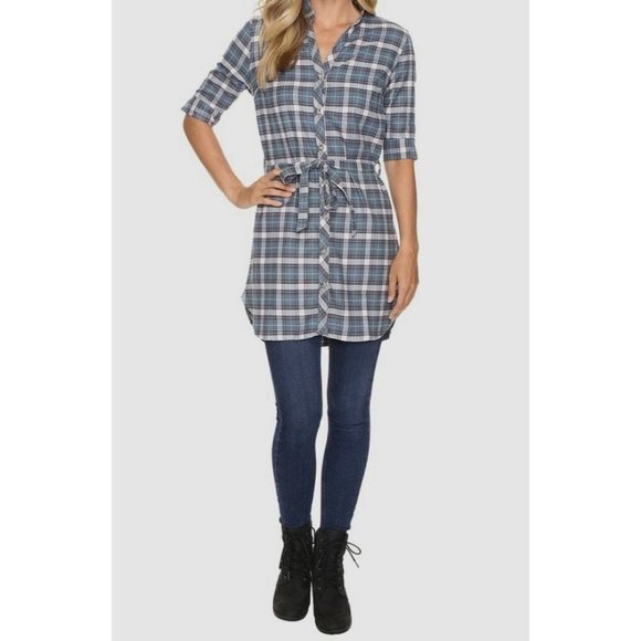 Fig Dress Women Large‎ Flannel Tunic Plaid V-Neck Gray Teal Shirt Belt - Picture 1 of 14